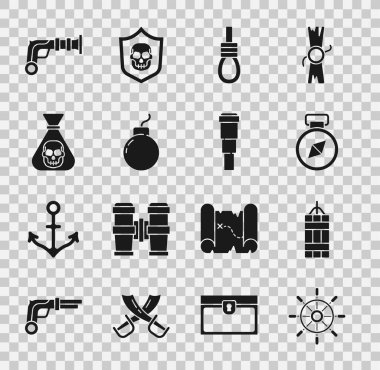 Gemi direksiyonunu, dinamit bombasını, pusulayı, darağacı ipini, patlamaya hazır bomba, korsan parası, antika tabancalar ve teleskop merceği simgesini hazırla. Vektör