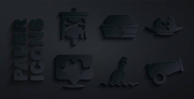 Şişeyi suya, korsan şapkasına, yer korsanına, topa, denizciye ve bayrak ikonuna koy. Vektör