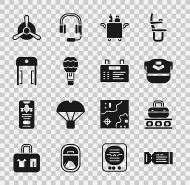 Uçak bileti, bavullu taşıyıcı bant, Pilot şapkası, yemek için Trolley, sıcak hava balonu, metal dedektör havaalanı, uçak pervanesi ve havaalanı ikonu. Vektör