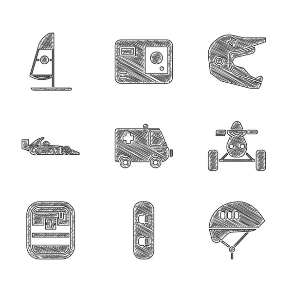 Ambulans ve acil durum arabası, Snowboard, bisiklet kaskı, ATV motosikleti, ilk yardım çantası, Formula 1 yarışı, Motocross ve Windsurfing ikonu. Vektör