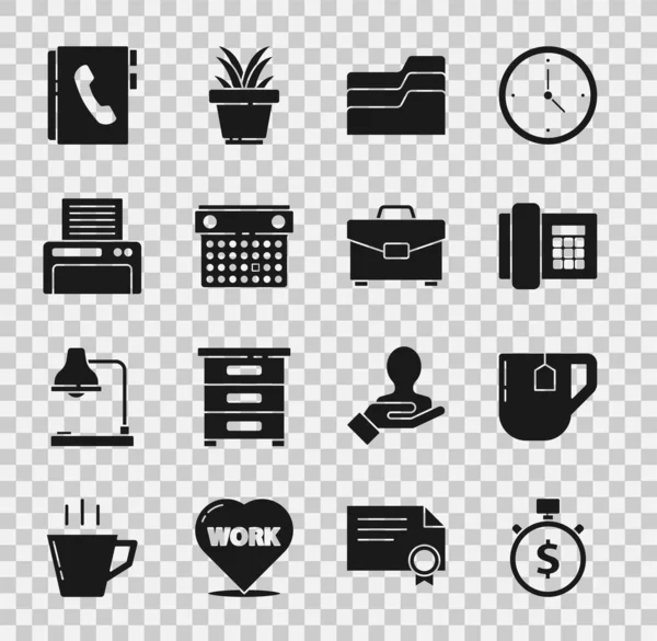 Set Time Money Cup Tea Tea Bag Telephone Document Folder — Stock Vector