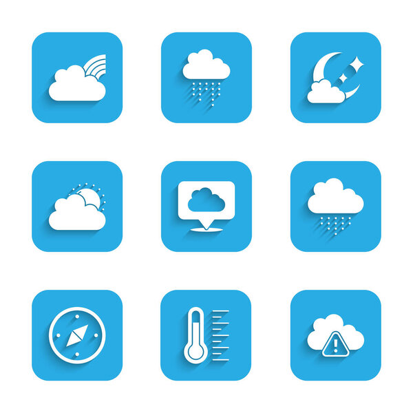 Set Location cloud, Meteorology thermometer, Storm warning, Cloud with rain, Compass, Sun and weather, moon and Rainbow clouds icon. Vector