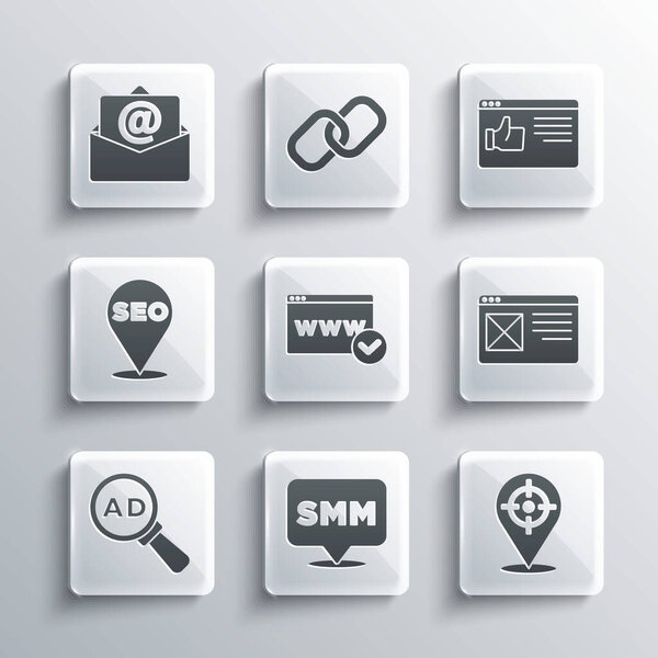 Set Social media marketing, Target sport, Browser window, Website template, Advertising, SEO optimization, Mail and e-mail and  icon. Vector