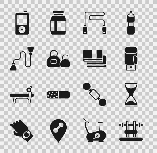 Barbel, Old hourglass, boks eldiveni, ip atlama, kettlebell, göğüs açıcı, müzik çalar ve havlu yığını ikonu ile sırala. Vektör