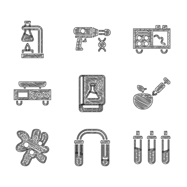 Genetik mühendisliği kitabı, test tüpü ve matarası, Reaktif şişe, genetik olarak değiştirilmiş elma, hücre, elektronik ölçek, spektrometre ve ateş ikonu ayarla. Vektör