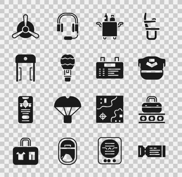Uçak bileti, bavullu taşıyıcı bant, Pilot şapkası, yemek için Trolley, sıcak hava balonu, metal dedektör havaalanı, uçak pervanesi ve havaalanı ikonu. Vektör