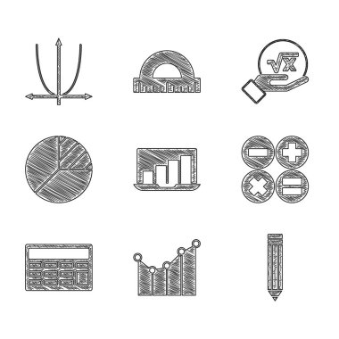 Dizüstü bilgisayarı grafik grafiği, çizelge, çizelge, diyagram, kalem, hesap makinesi, turta bilgisi, x glifinin kare kökü ve simgeyle ayarla. Vektör
