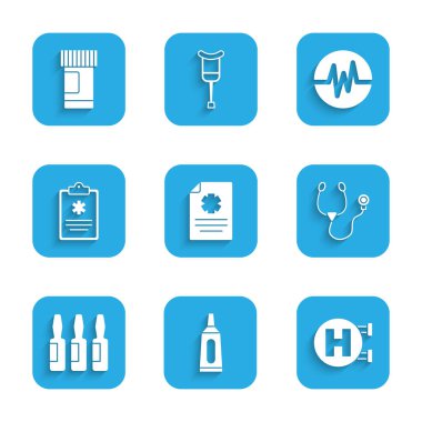 Klinik rekorunu, merhem tüpünü, hastane tabelasını, stetoskobu, tıbbi tüpü, ampulü, kalp atış hızını, ilaç şişesini ve ilaç ikonunu ayarla. Vektör