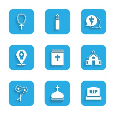 Kutsal İncil kitabı, kilise kulesi, RIP yazılı Tombstone, bina, çiçek, tabut haçı, mezar ve Hıristiyan zinciri ikonu. Vektör