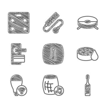 Termostat ayarla, ses asistanı, elektrikli diş fırçası, su sensörü, akıllı ampul, dijital kapı kilidi, elektrikli süpürge ve banyo ikonu. Vektör