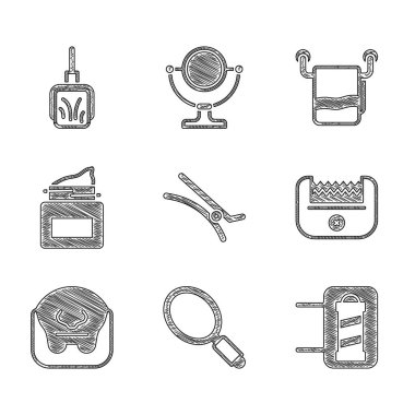 Saç tokası, el aynası, berber direği, elektrikli saç makası, bıyık sakalı, krem kozmetik kavanozu, havlunun askısı ve faraş ikonu. Vektör