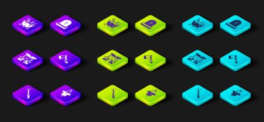 Sihirli değnek, korkuluk, cadı, tahta balta, RIP yazılı Tombstone ve cadılar bayramı cadı kazanı ikonu. Vektör