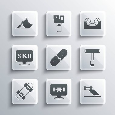 Kaykay tekerleği, park, T aracı, kırık kaykay güvertesi ve ikon. Vektör