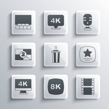 8k Ultra HD, Play video, Walk of Fame yıldızı, Paper glass with water, Screen TV 4k, Old film countdown frame, Cinema auditorium screen ve Microphone ikonu setleri. Vektör
