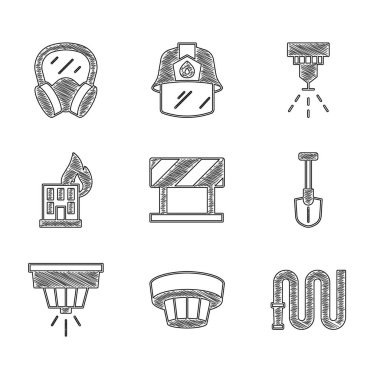Yol bariyerini, duman alarmı sistemini, yangın hortumunu, küreği, yanan binada fıskiyeyi ve gaz maskesi ikonunu kurun. Vektör