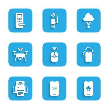 Kablosuz bilgisayar faresi, 5G, Bulut teknolojisi verisi, Akıllı yazıcı sistemi, İHA, Ağ Bulut bağlantısı ve Dijital kapı kilidi ikonu ile Mobil 'i ayarlayın. Vektör
