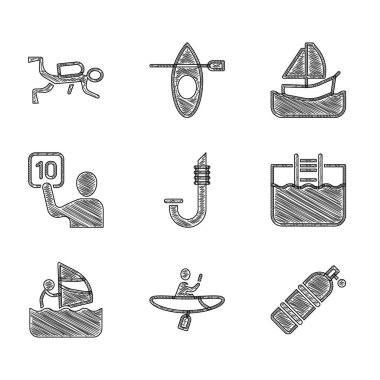 Snorkel, kano ve kürek, Aqualung, merdivenli yüzme havuzu, rüzgar sörfü, jüri değerlendirmesi, yat yelkenlisi ve dalgıç ikonu. Vektör