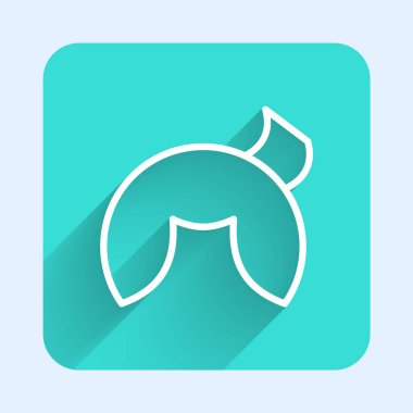 Beyaz çizgi Çin fal kurabiyesi ikonu uzun gölgeli. Geleneksel Asya. Yeşil kare düğmesi. Vektör.