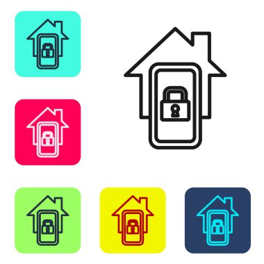 Beyaz arka planda akıllı ev simgesine sahip siyah hat cep telefonu. Uzaktan kumanda. Renkli kare düğmelerle simgeleri ayarla. Vektör.