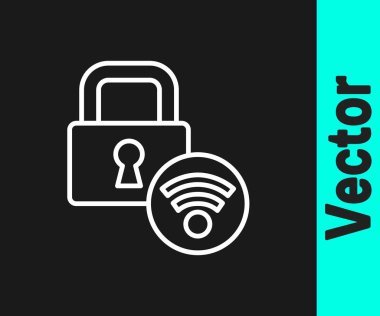 Siyah arkaplanda izole edilmiş ikonu açmak için kablosuz teknolojiye sahip beyaz çizgi dijital kapı kilidi. Kapı kolu tabelası. Güvenlik akıllı ev. Vektör.