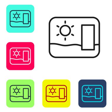 Siyah çizgi seyahat kartı simgesi beyaz arkaplanda izole edildi. Turist tebrik kartı. Renkli kare düğmelerle simgeleri ayarla. Vektör.