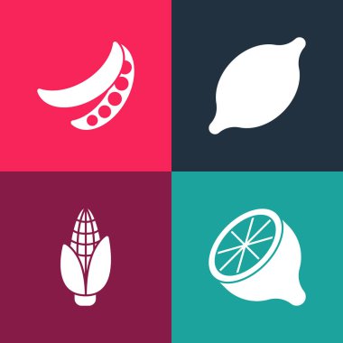 Pop Art Lemon, Corn ve Green Bezelye ikonunu hazırla. Vektör