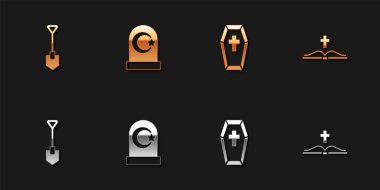 Set küreği, Müslüman mezarlığı, haçlı tabut ve kutsal İncil ikonu. Vektör