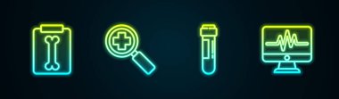 Röntgen çekimleri, arama için büyüteç, kan ve monitör kardiyogramlı test tüpü ayarlayın. Parlayan neon ikonu. Vektör
