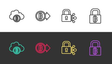 Kripto para birimi bulut madenciliği, Bitcoin, Bitcoin ile kilitli ve siyah beyaz. Vektör