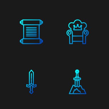 Kılıcı taşa, Ortaçağ kılıcını, fermanı, parşömeni, tomarı ve tahtı yerleştir. Renk simgeleri. Vektör