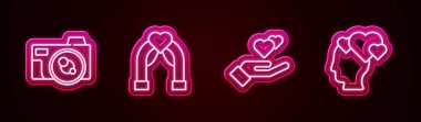 Fotoğraf makinesi, düğün kemeri, kalp eli ve kalbi olan kafa ayarlayın. Parlayan neon ikonu. Vektör