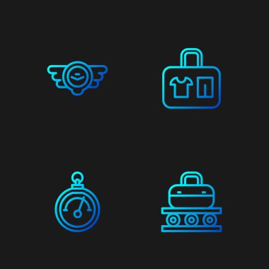 Bavul, barometre, havacılık amblemi ve bavul ile konveyör bandını ayarlayın. Renk simgeleri. Vektör