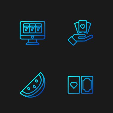 İskambil kağıtları, karpuzlu kumarhane kumar makineleri, online büyük ikramiye ve el tutma. Renk simgeleri. Vektör