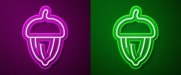Parlayan Neon Çizgisi Mor Yeşil Arkaplanda Izole Edilmiş Meşe Palamudu — Stok Vektör