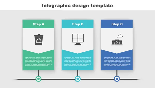 Set Prullenbak Met Recycle Zonnepaneel Centrale Fabriek Bedrijfsinfographic Sjabloon Vector — Stockvector