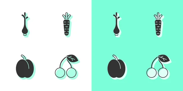 Set Cherry Fresh Green Onions Plum Fruit Carrot Icon Vector — Stock Vector