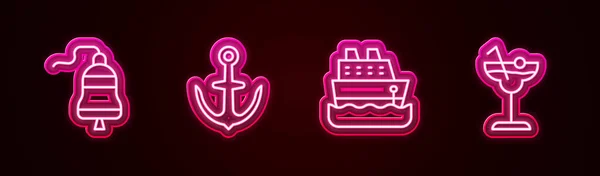 设置船舶铃铛 游轮及鸡尾酒 发光的霓虹灯图标 — 图库矢量图片