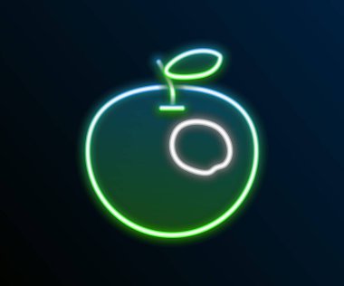 Parlayan neon hattı, siyah arka planda genetik olarak değiştirilmiş elma ikonu izole edildi. GDO meyvesi. Renkli taslak konsepti. Vektör