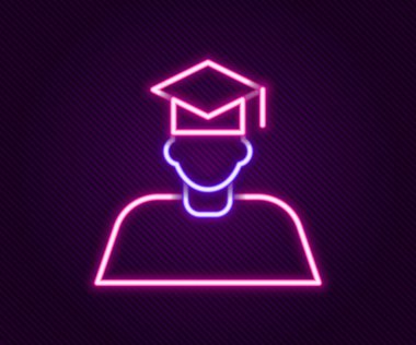 Parlak neon hattı mezuniyeti ve mezuniyet şapkası simgesi siyah arka planda izole edildi. Renkli taslak konsepti. Vektör