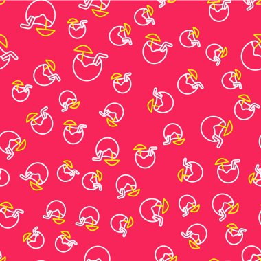 Hindistan cevizi suyu egzotik kokteyl ve şemsiye ikonu kırmızı arka planda izole edilmiş pürüzsüz desen. Vektör