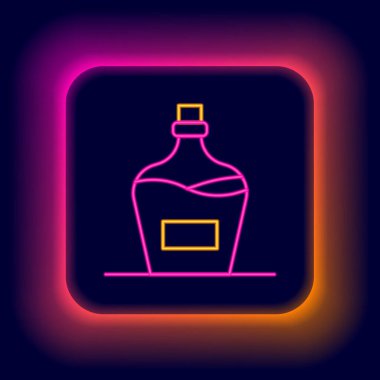 Parlayan neon hattı. Siyah arka planda izole edilmiş eski bir şarap ikonu şişesi. Bir şişe ev yapımı şarap. Renkli taslak konsepti. Vektör