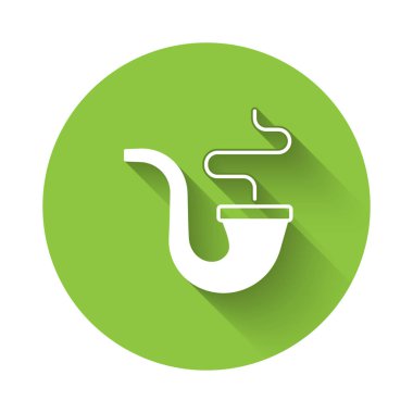 Duman ikonlu beyaz tüttürme piposu uzun gölgeli. Tütün piposu. Yeşil daire düğmesi. Vektör