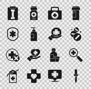 Pipette 'i ayarla, arama tıbbi malzemeleri için büyüteç, ilaç tableti, ilk yardım çantası, el dezenfektanı şişesi, haçlı tıbbi kalkan, röntgen fotoğrafları ve Cross hastanesi ikonu. Vektör