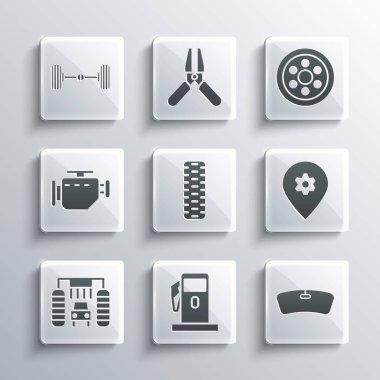 Benzin istasyonunu, benzinciyi, ön camı, araba servisini, tekerleği, yıkamayı, motoru, Chassis 'i ve Alloy simgesini ayarla. Vektör