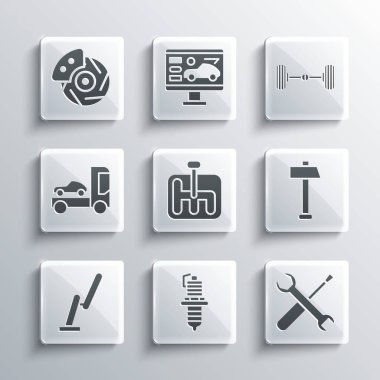 Otomobil bujisi, tornavida ve anahtar anahtarını Hammer, vites değiştirici, ön ekran sileceği, taşıyıcı kamyon, kalibre ve Chassis araba ikonlu fren diski ayarla. Vektör