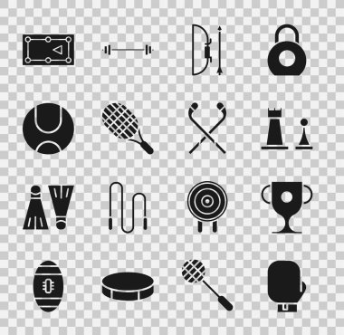 Boks eldiveni, ödül kupası, satranç, ok ve yay, tenis raketi, top, bilardo masası ve buz hokeyi sopası ikonu. Vektör