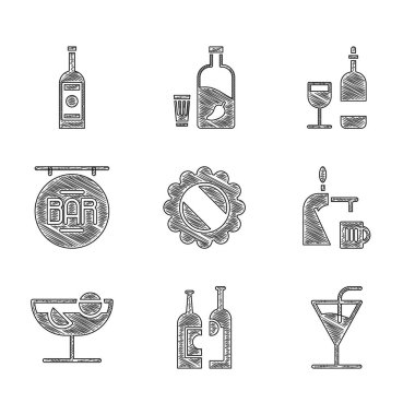 Şişe kapağı, şarap şişeleri, kokteyl, camlı bira musluğu, sokak tabelası barı, şarap şişesi ve cam votka ikonu. Vektör