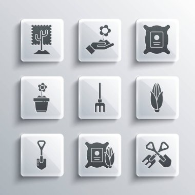 Çuvala mısır, kürek ve tırmık, bahçe, saksı, ağaç ve çiçek tohumu koy. Vektör