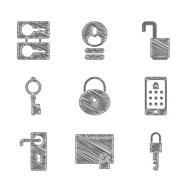 Kilit, Dizin ve Kilit, Kilitli anahtar, Mobil grafik parola, Kapı kolu, Eski, Aç asma kilit ve döküm tuşları simgesi. Vektör