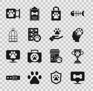 Set Dog Kemiği, Hayvan Ödülü, Hayvanların ayak izine sahip insan, alışveriş torbası hayvanı, hap, kuşlar için kafes, veteriner kliniği ve Eller ikonu. Vektör